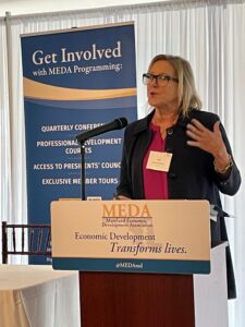 Sue Chambers, President & CEO of Strouse Corporation in Westminster, leads a discussion about "Manufacturing Myths in Maryland".