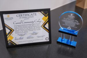 Image of the Carroll Community College Pillar Award and certificate.