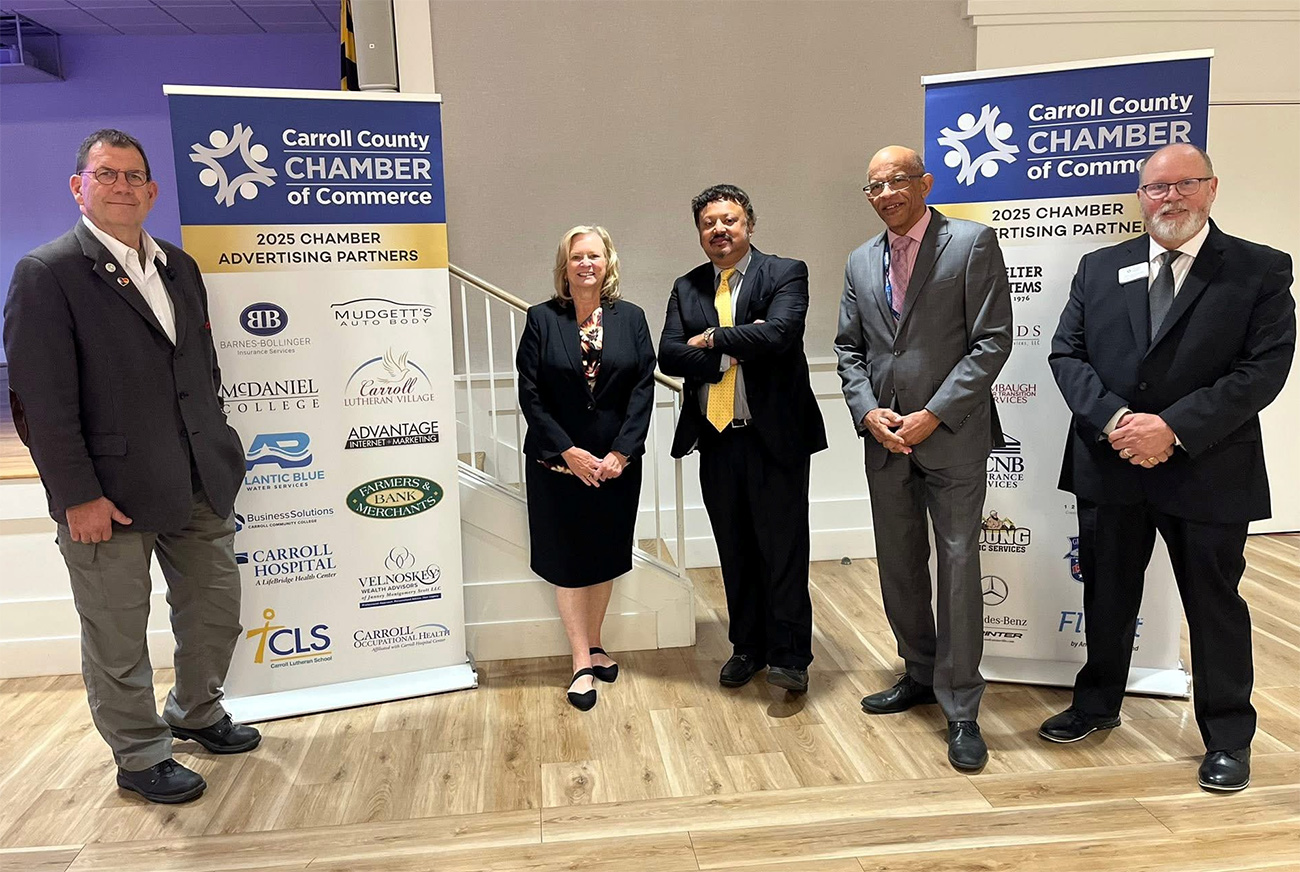 Image of Councilman Kevin Dayhoff, City of Westminster, Denise Beaver, Director of Econ Dev, Dr. Anirban Basu, Richard Turner, Community Media Center / Chair of Chamber Board and Mike McMullin, President of the Chamber.