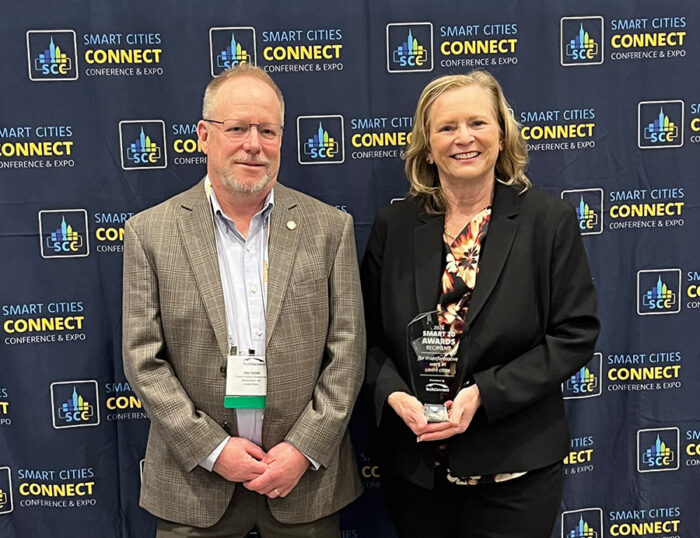 Jay Uebel, Broadband Manager, Carroll County Government and Denise Beaver, CEcD, Director Carroll Co. Economic Development pose with the Smart 20 Award.