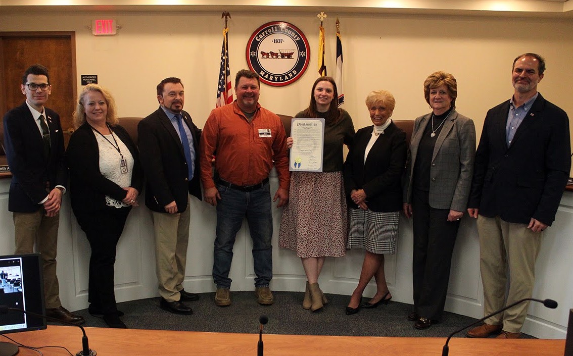 Image of L to R: Commissioner Joe Vigliotti, Chris Winebrenner, CCDED, Commissioner Tom Gordon, Gary Dell, Dell Brothers Farm, Diana Hare, Ag Specialist - CCDED, Jane Sewell, Carroll County Farm Museum, Commissioner Susan Krebs, Commissioner Mike Guerin.